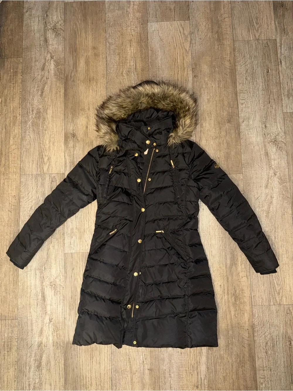 Michael Kors Black Long Puffer Coat with Faux Fur Hood